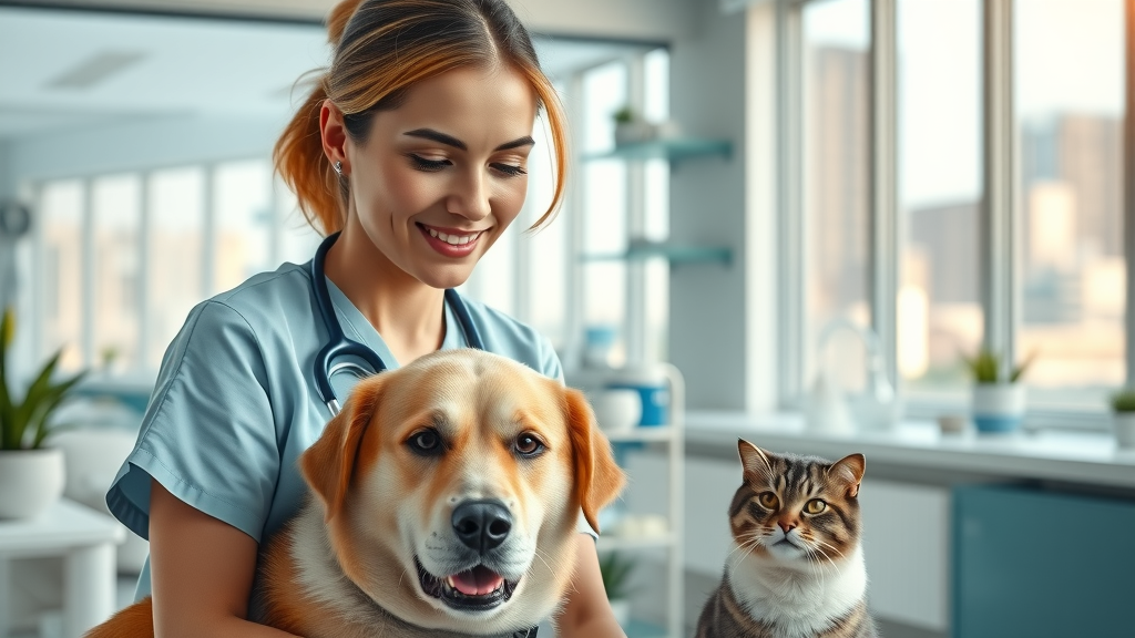 Full-service veterinary hospital with vet caring for dog and cat in a modern clinic.