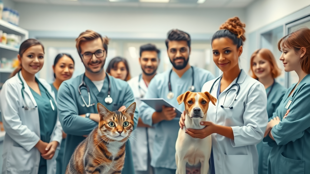 Full-service veterinary hospital staff caring for cat and dog in high-tech clinic.