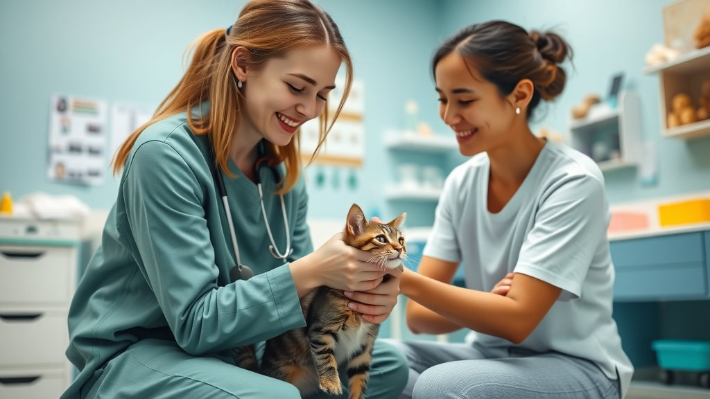 Vet comforting tabby cat during wellness exam and vaccination