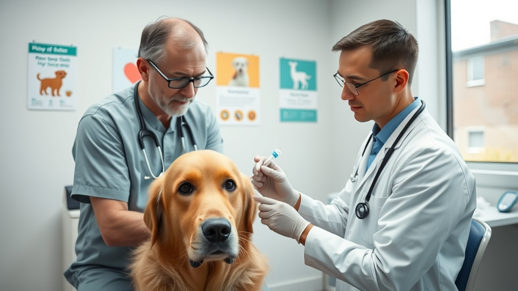 Veterinarian giving vaccination to golden retriever at Austin TX clinic