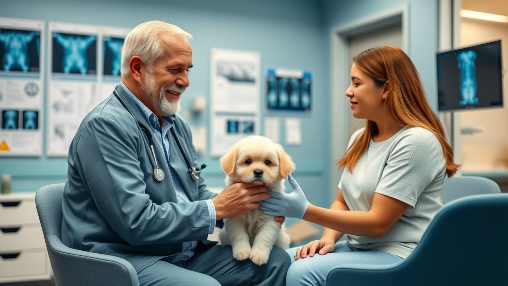 Full-service veterinary hospital consultation with vet advising pet owners and healthy puppy.
