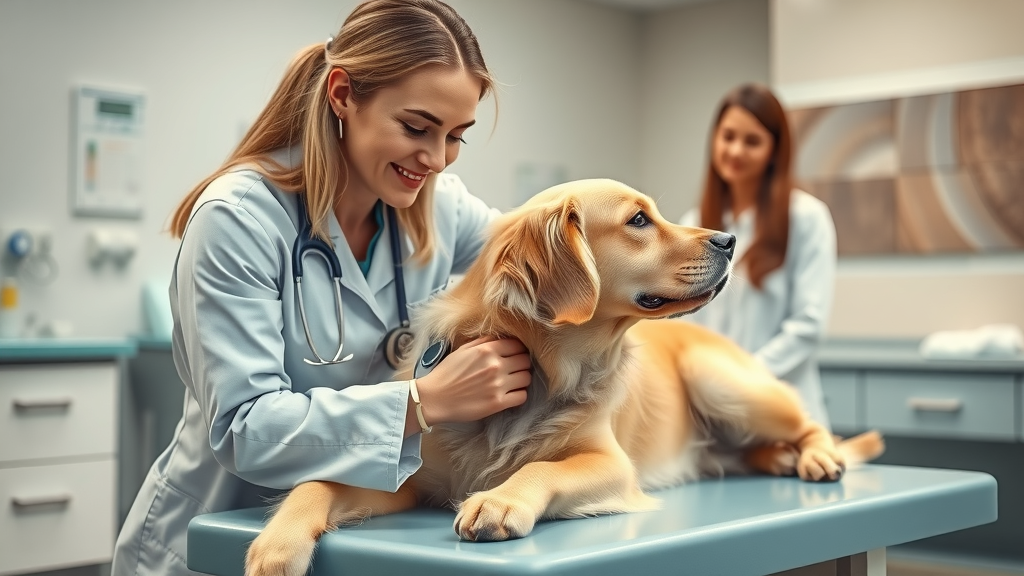 Full-service veterinary hospital exam room with caring vet examining senior dog.