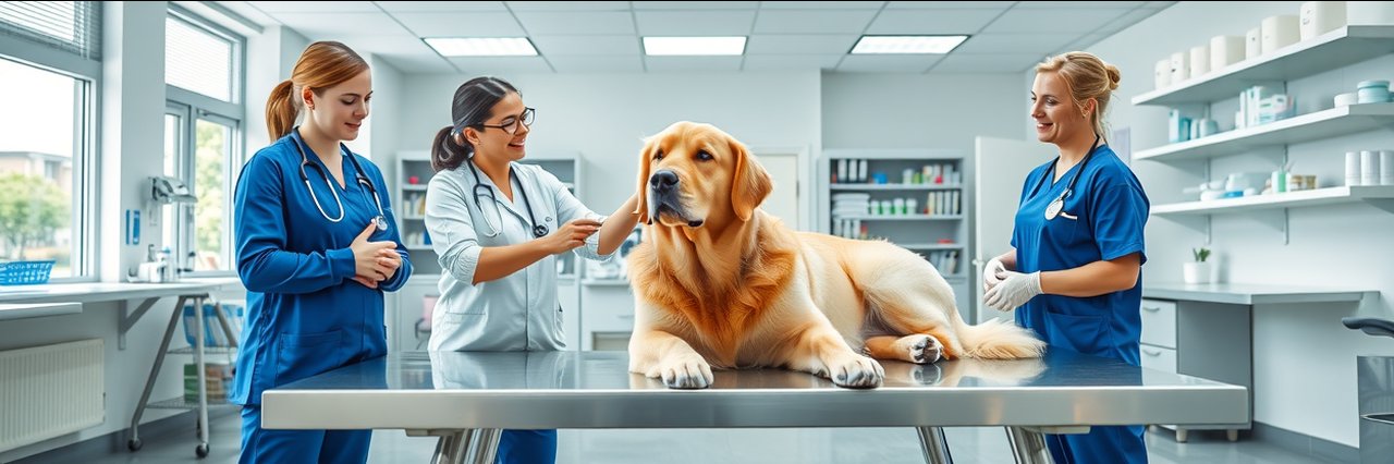 Bright full-service veterinary hospital interior with vets caring for a golden retriever.