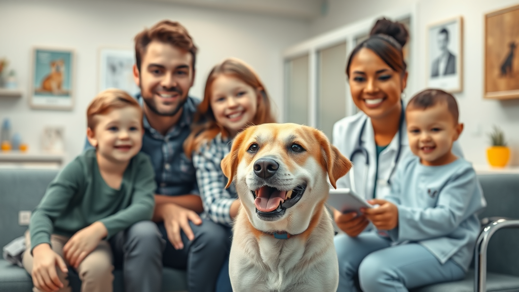 Family visiting vet with dog for pet wellness and vaccinations