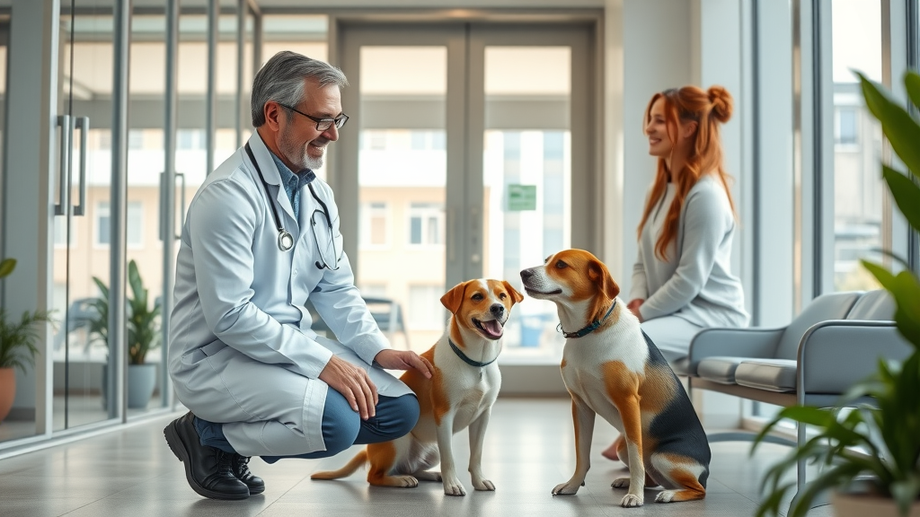 Full-service veterinary hospital with veterinarian welcoming dog and owner in modern urban clinic.