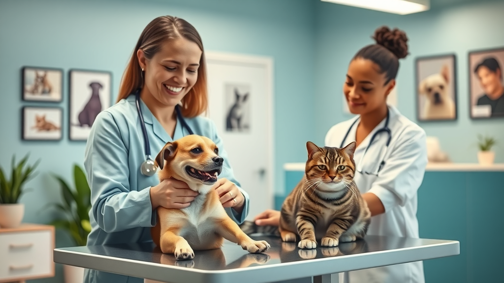 Full-service veterinary clinic showing vet examining happy dog and cat