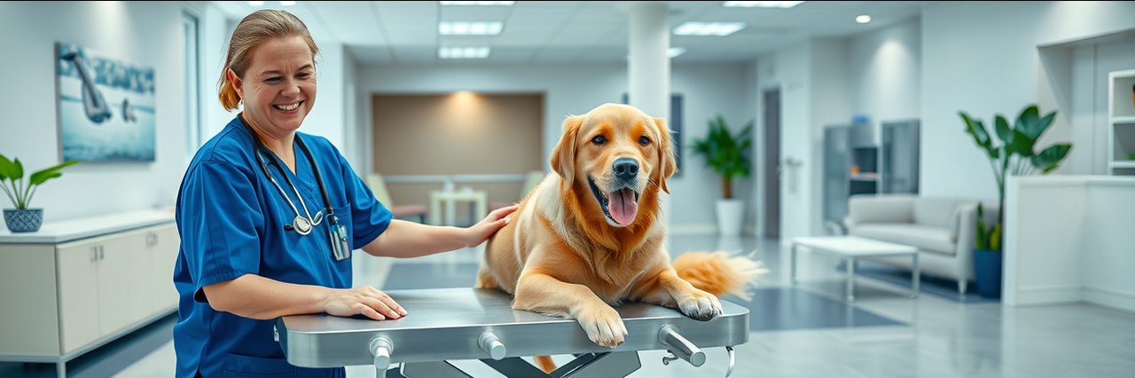 Smiling vet examines golden retriever in full-service veterinary hospital interior