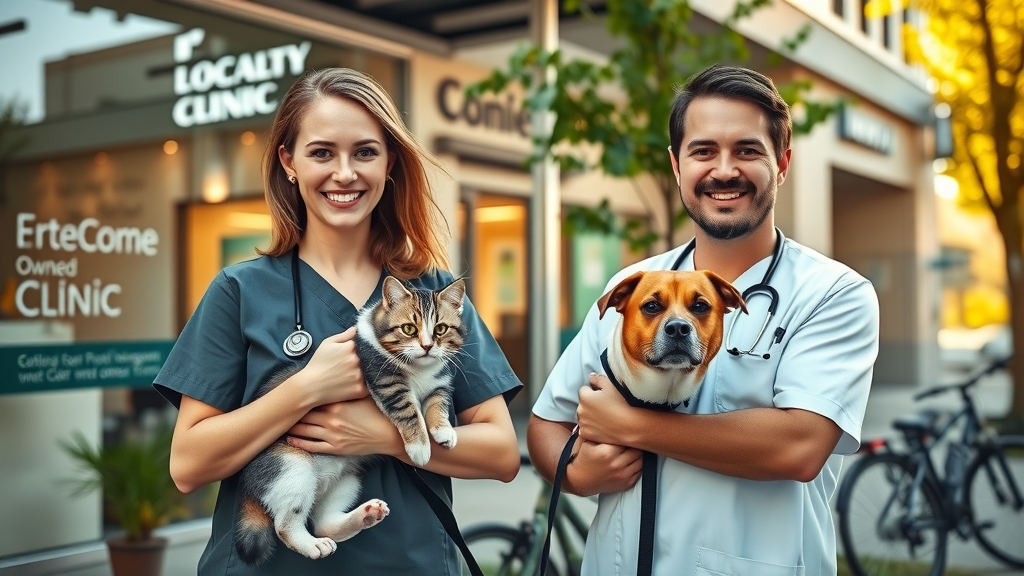 Locally owned full-service veterinary clinic vets with happy pets outside
