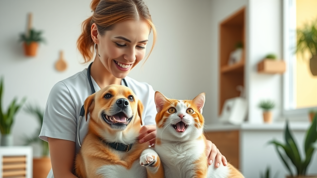 Veterinarian caring for healthy dog and cat at Austin pet wellness clinic