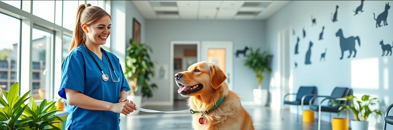 Welcoming full-service veterinary clinic reception with vet greeting a golden retriever